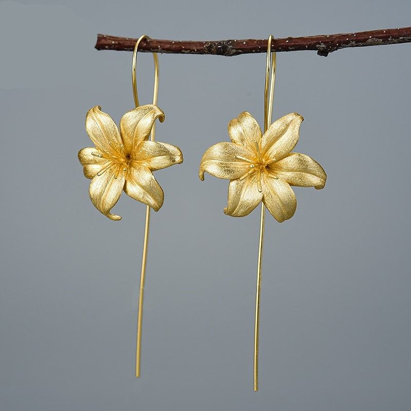 Gold Lily Flower Dangle Earrings - csjewellery.net
