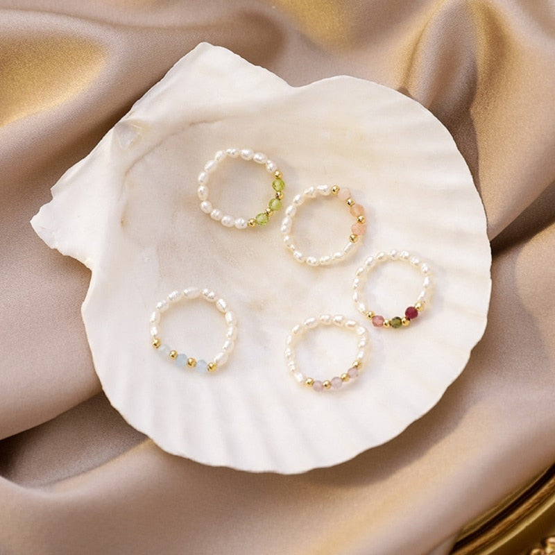 Imitation Pearl Colorful Crystal Adjustable Rope Chain Rings - csjewellery.net