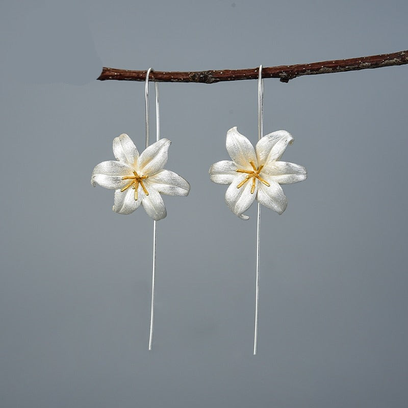 Gold Lily Flower Dangle Earrings - csjewellery.net