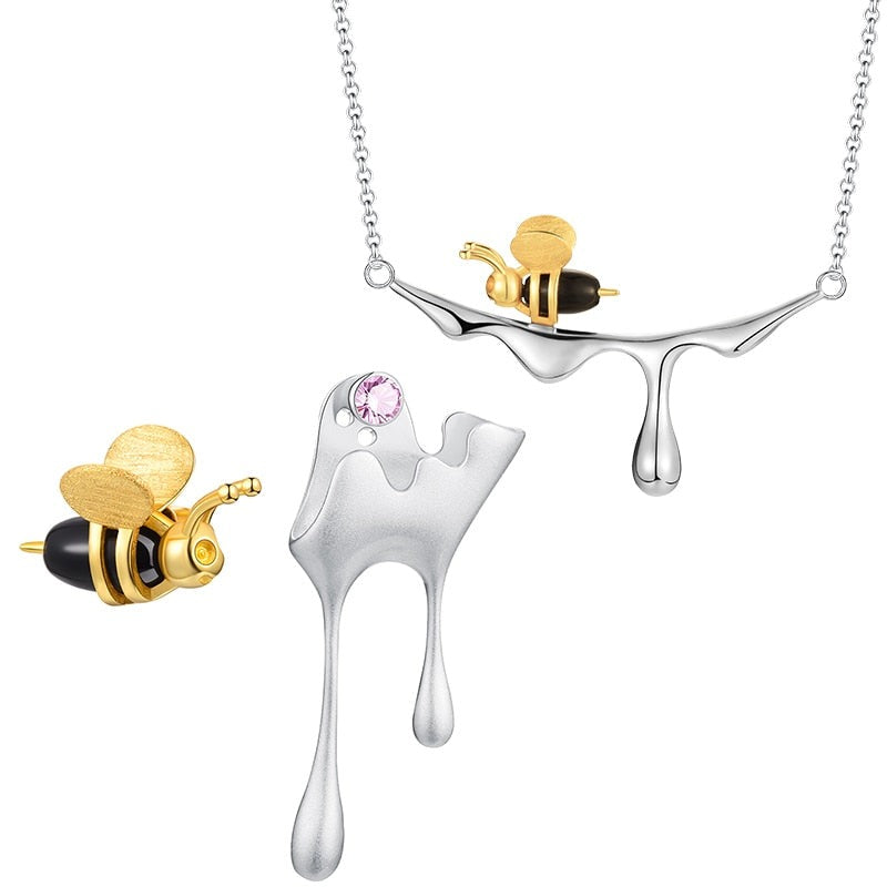 Bee and Dripping Honey Pendant Necklace - csjewellery.net
